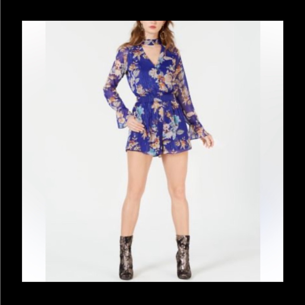 Guess Brand bling accents Floral Blue romper.  XL. Zipper Back tie neck. Lined.